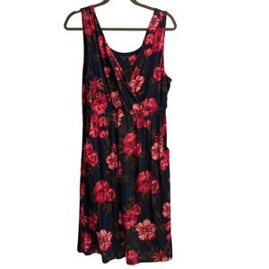 Garnet Hill Size Large Midi Length Navy Dress Red Pink Flowers